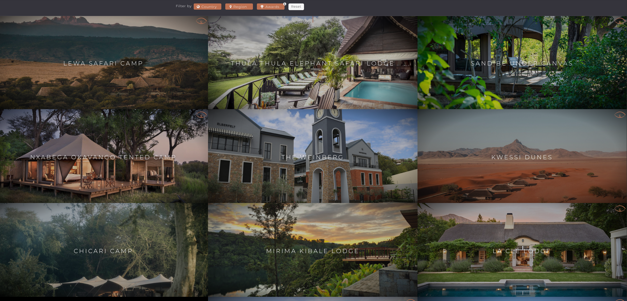 The Hide & Seek Travel properties grid: filters for country, region and awards above nine lodges shown as full-width photographs with their names