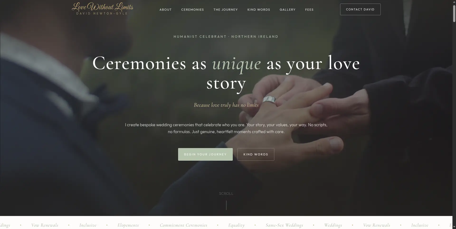 Screenshot of Love Without Limits after a slight move down so you can see the menu changing to transparent with a view of the ticker of services offered by David.