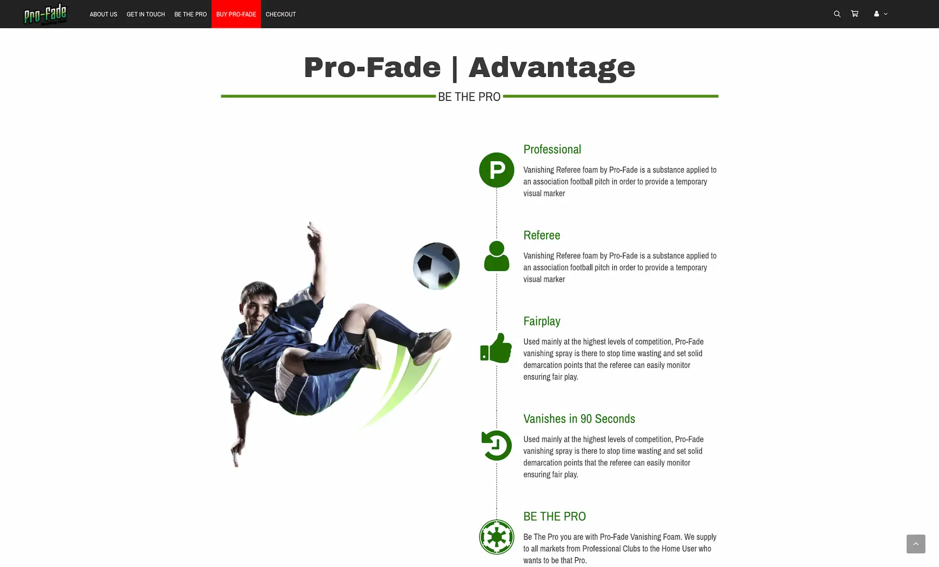 The Pro-Fade Advantage page: a player mid bicycle-kick beside a list of the product’s benefits