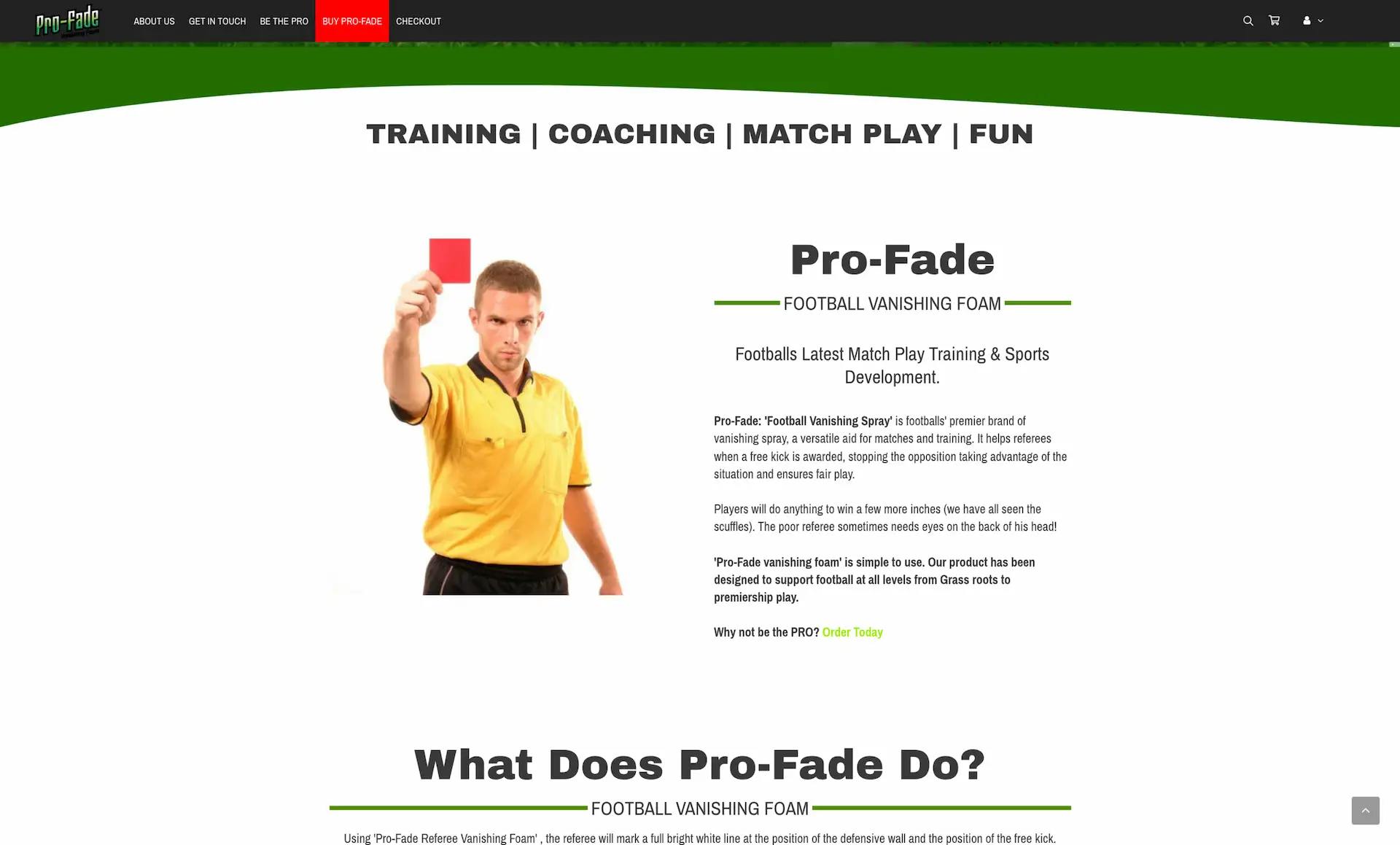 The Pro-Fade homepage: a referee holding up a red card beside the vanishing-foam product copy