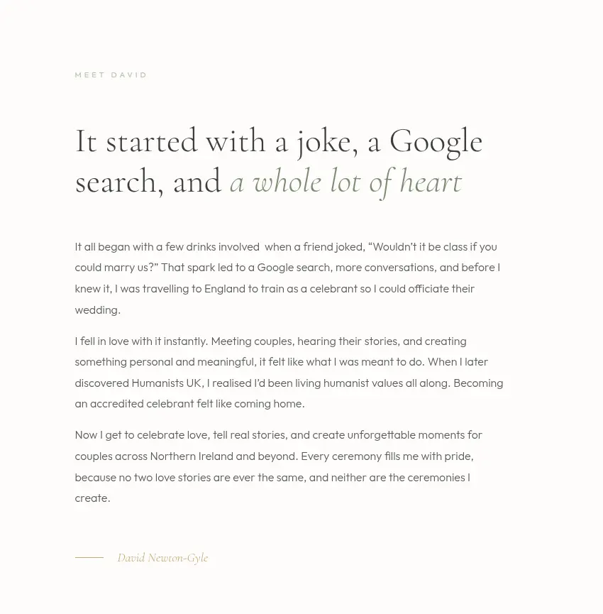 The Love Without Limits about page: the headline “It started with a joke, a Google search, and a whole lot of heart” above David’s story