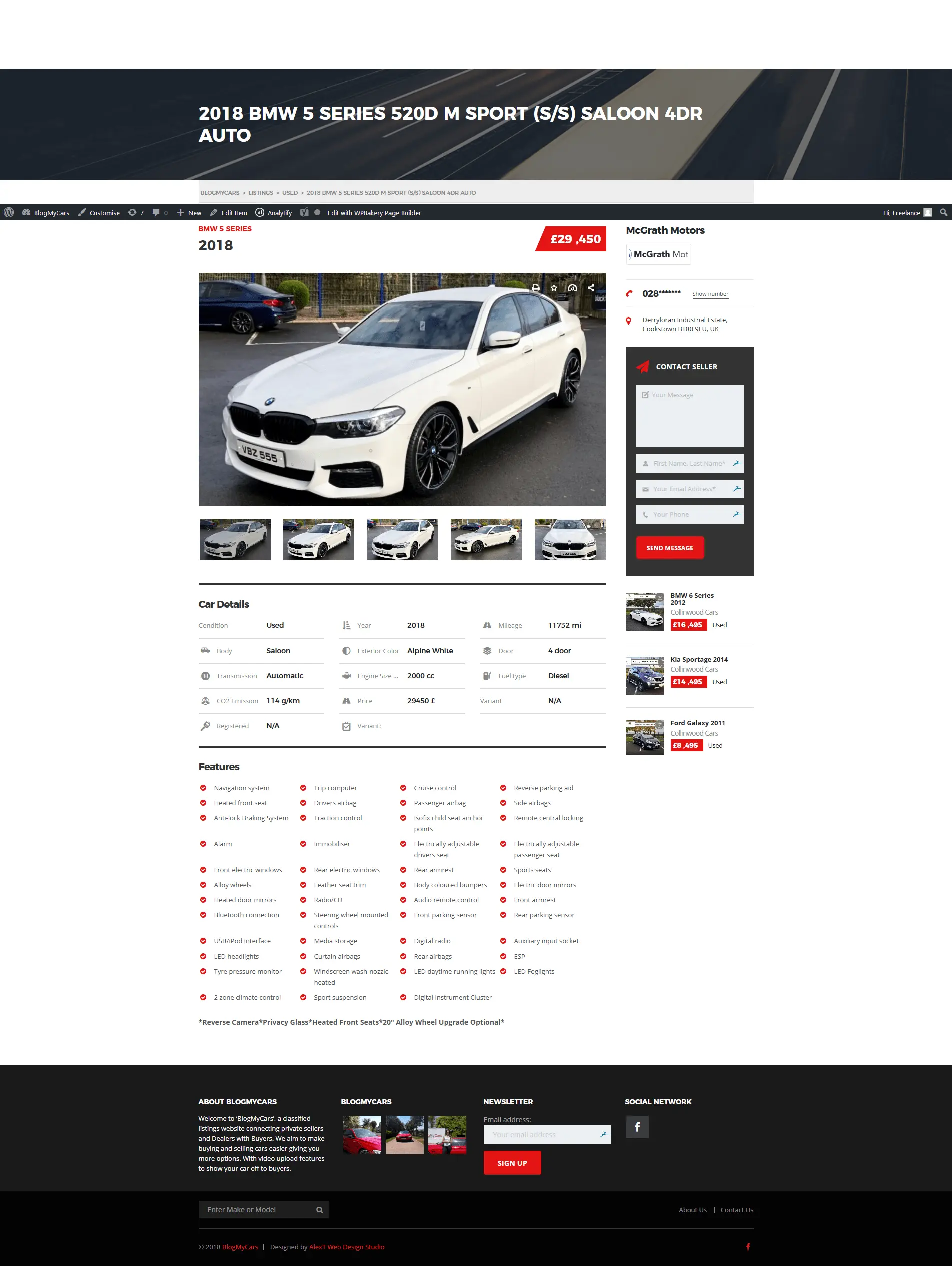 A BlogMyCars listing for a white BMW, with photo gallery and full specification table