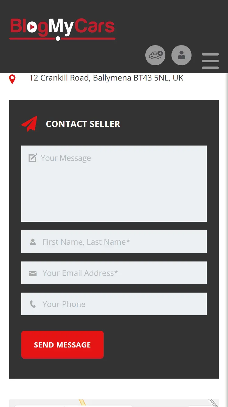 The BlogMyCars contact-seller form on a phone