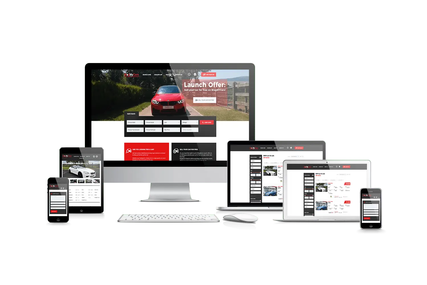 BlogMyCars shown on a desktop, laptop, tablet and two phones