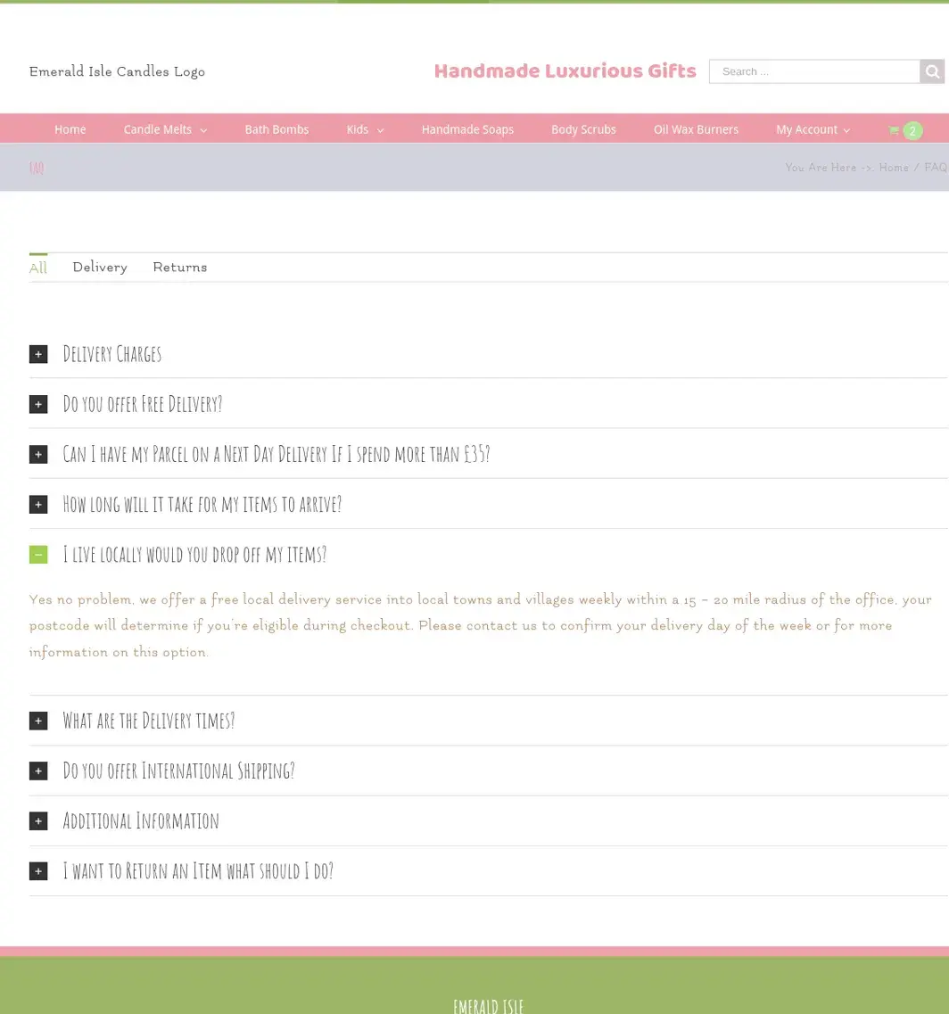 The Emerald Isle Candles FAQ page, questions in a collapsible list