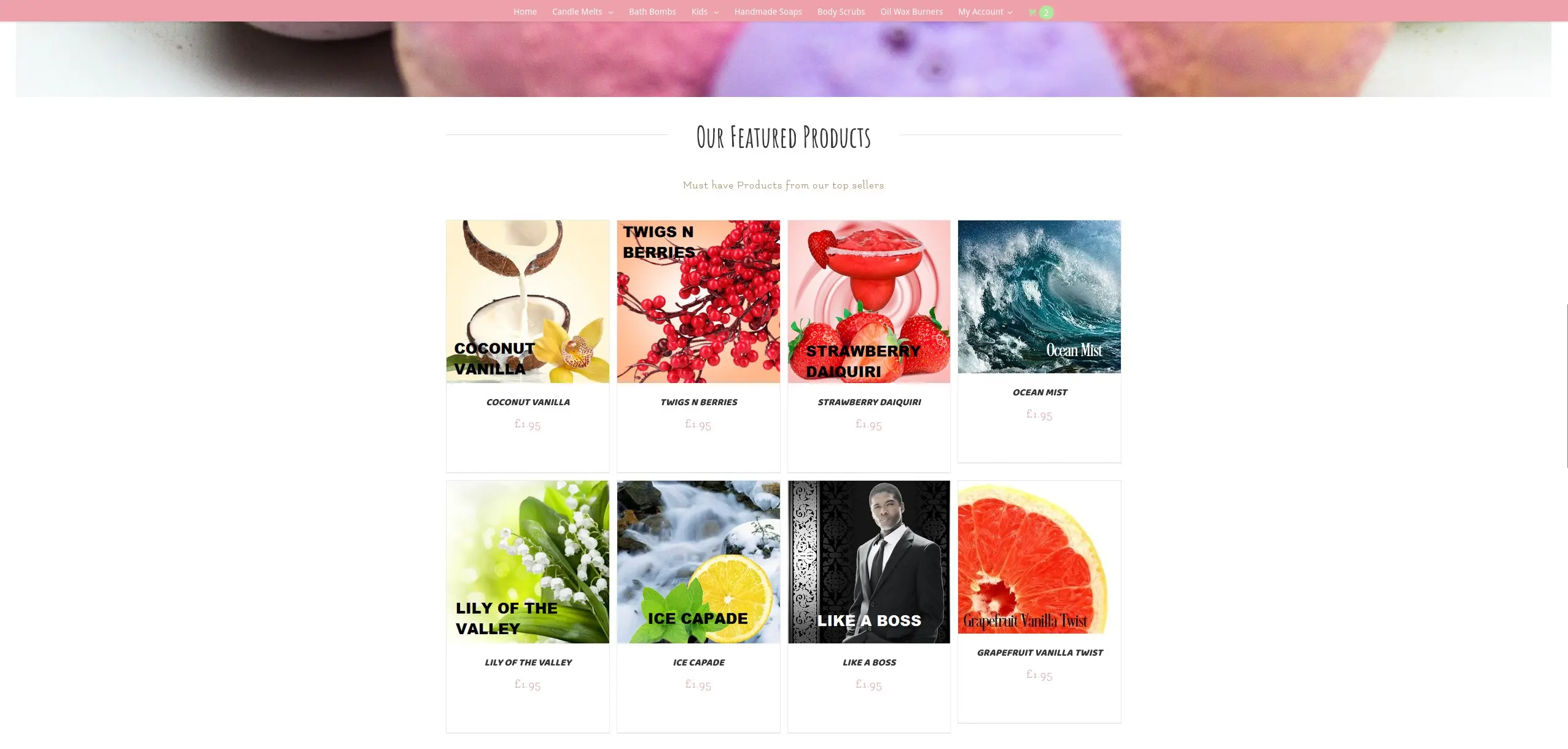 The featured-products grid on the Emerald Isle Candles store, eight scents in two rows