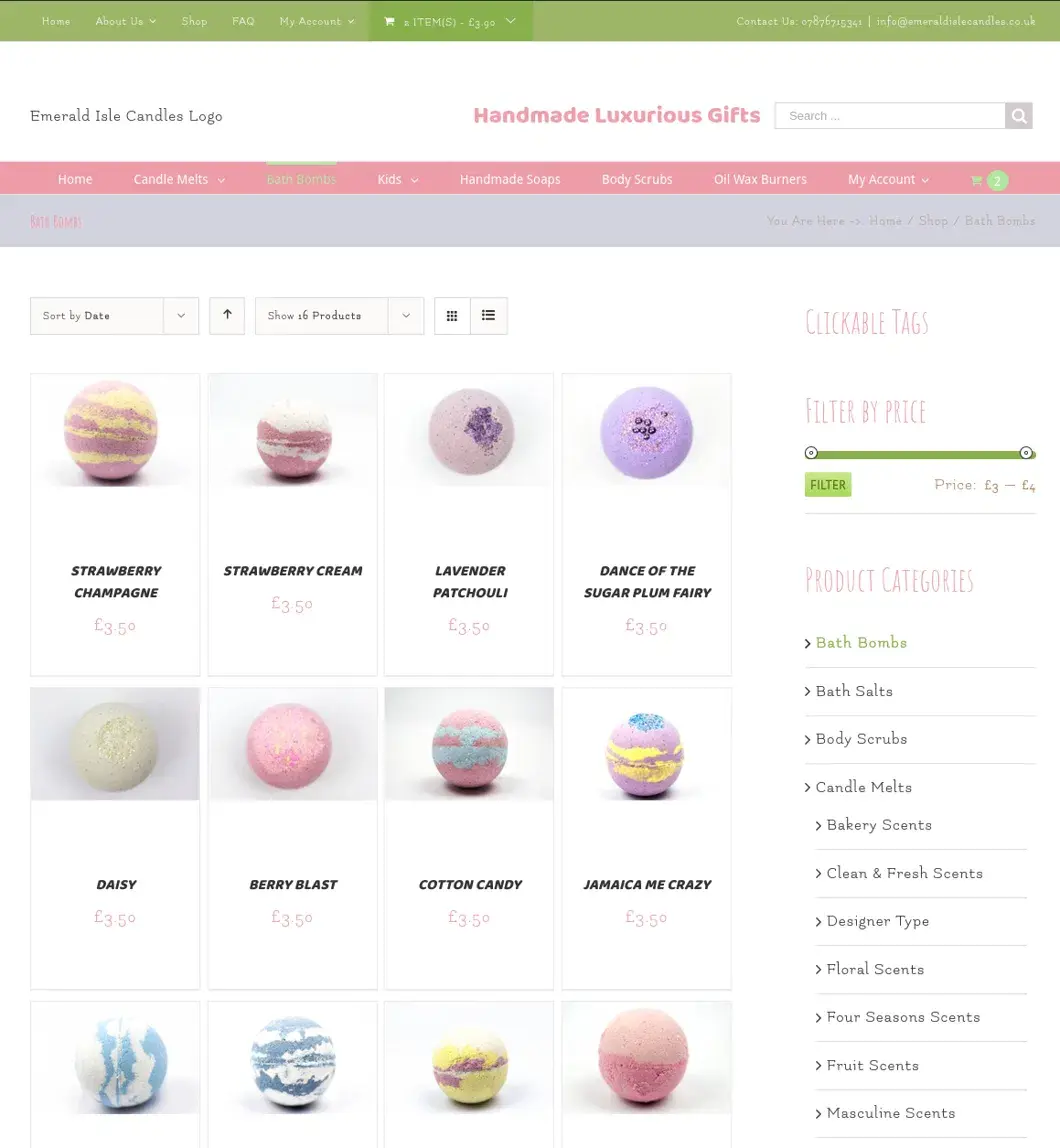 An Emerald Isle Candles category page, a grid of bath bombs with names and prices