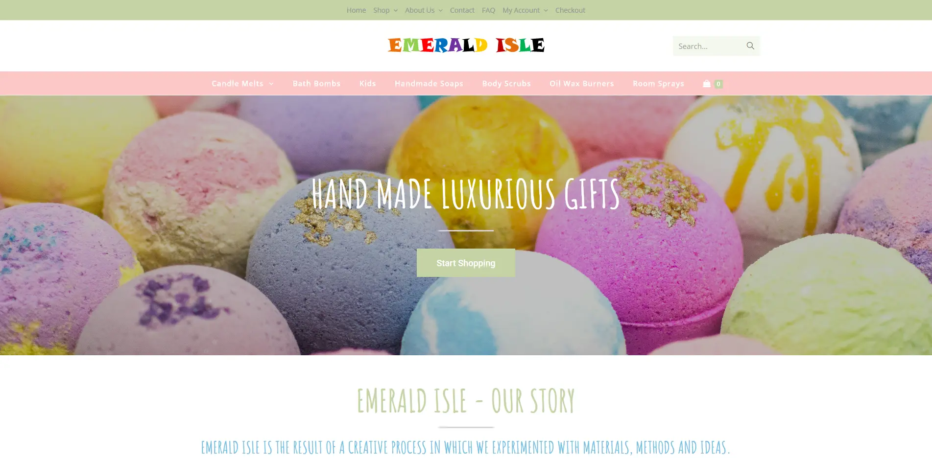 The Emerald Isle Candles homepage: pastel bath bombs behind the line “Hand made luxurious gifts”