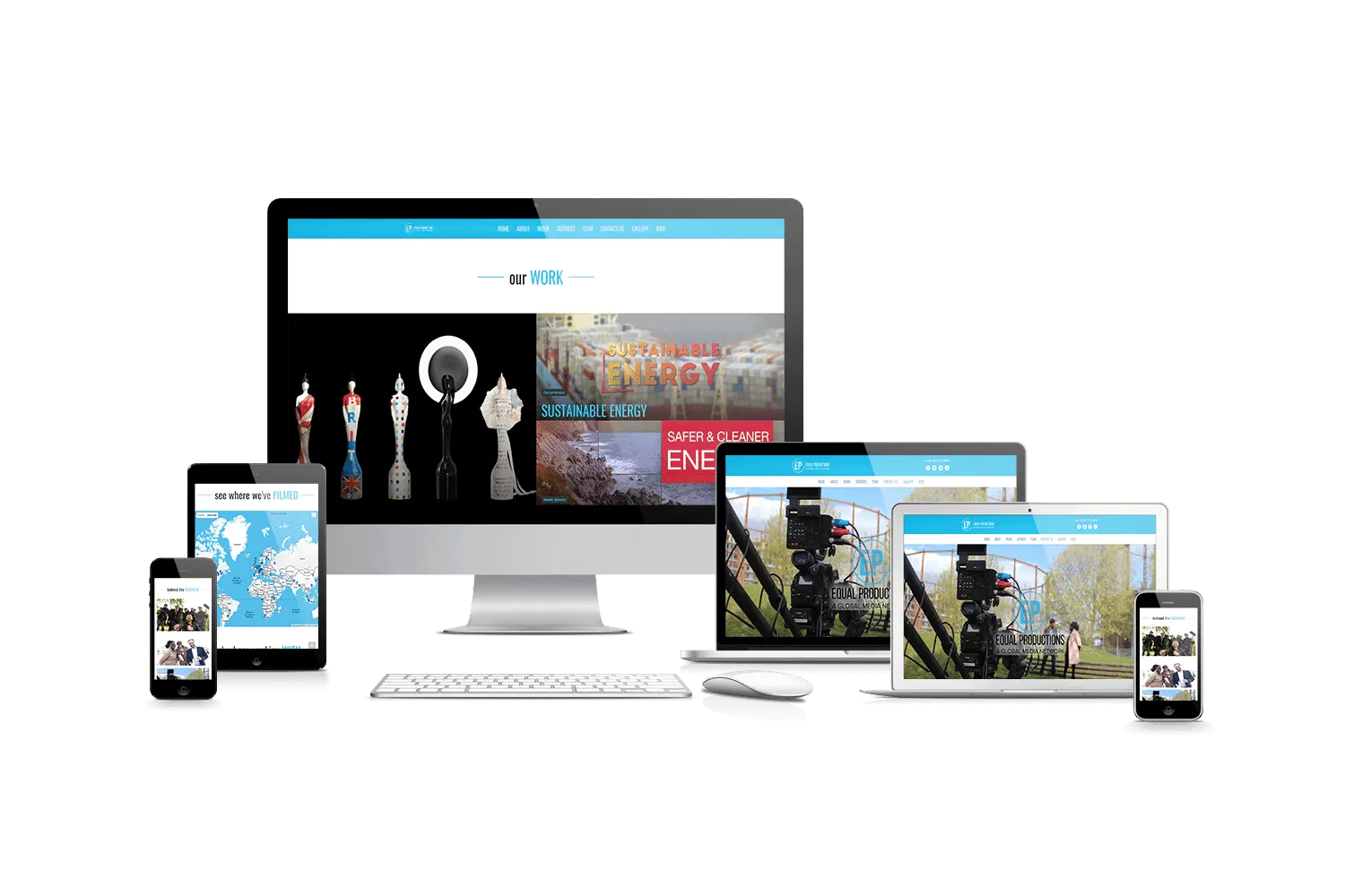 The Equal Productions site shown on a desktop, laptop, tablet and two phones