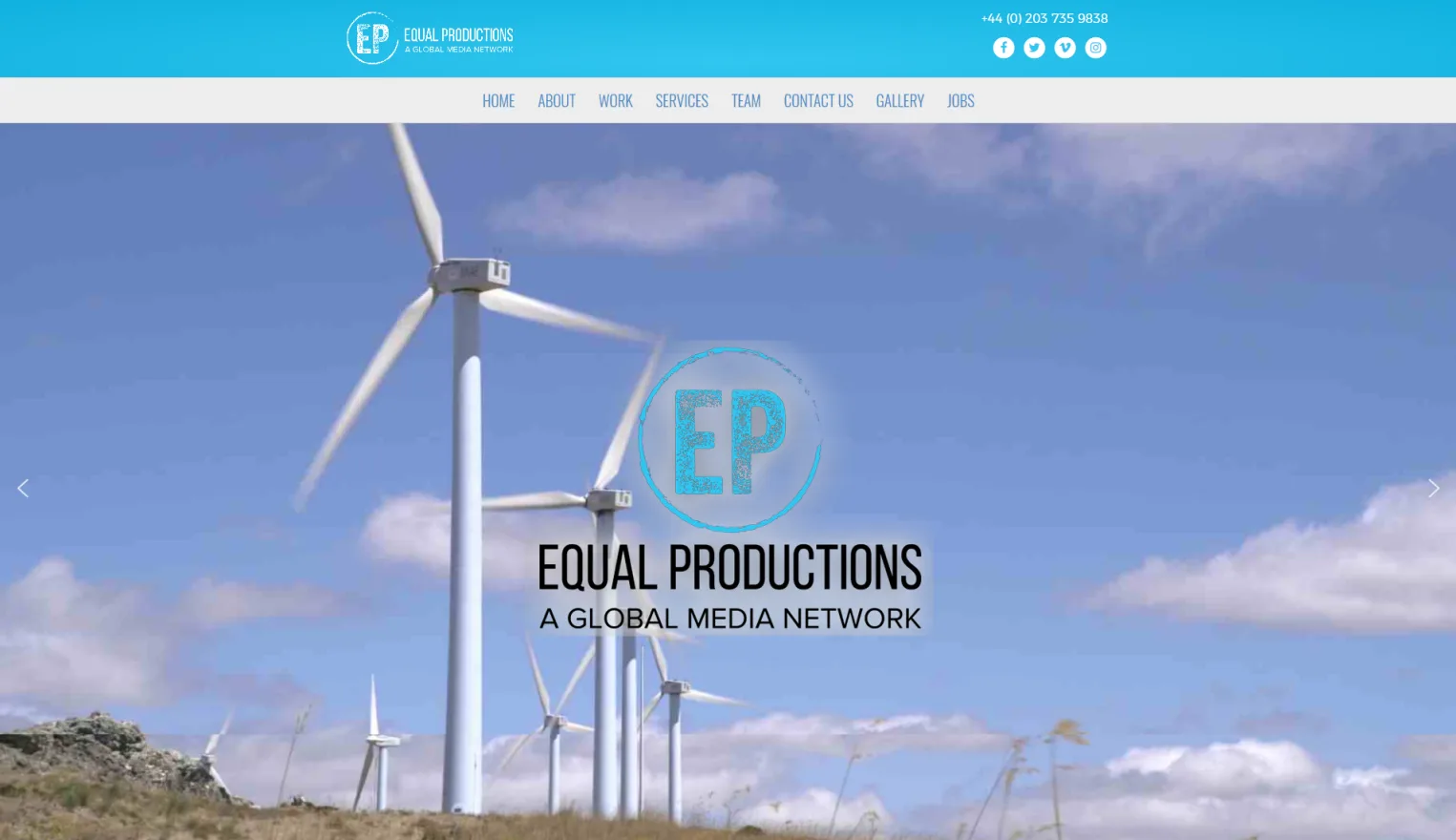 The Equal Productions homepage: wind turbines behind the logo and the line “A global media network”
