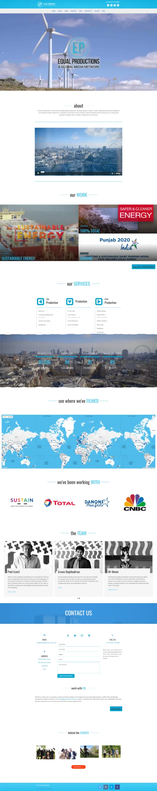 The full Equal Productions homepage, from the showreel hero through the work grid to client logos