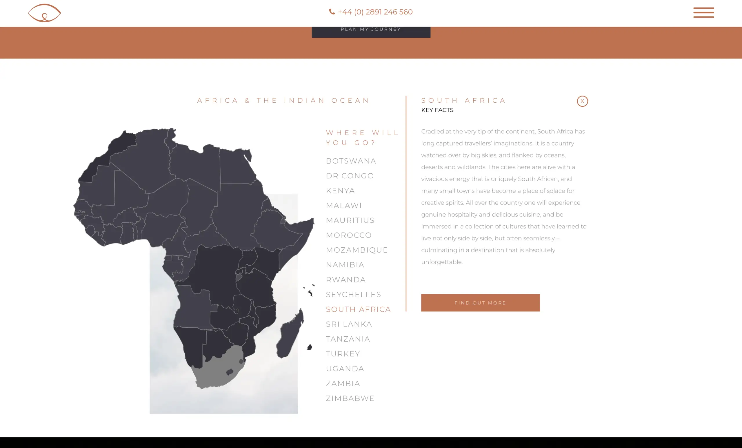 The Hide & Seek Travel destination map: South Africa picked out on a map of Africa, beside the country list and a key-facts panel