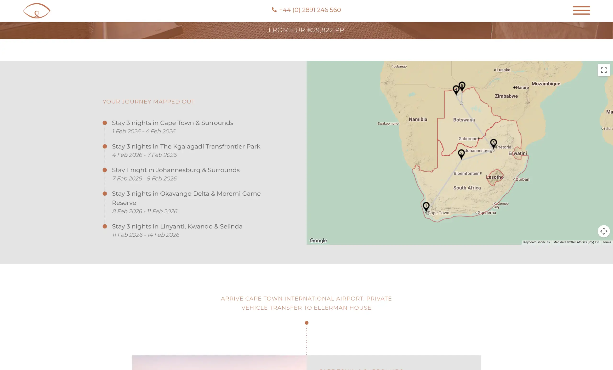 A Hide & Seek Travel itinerary: dated stays listed beside a numbered map of southern Africa