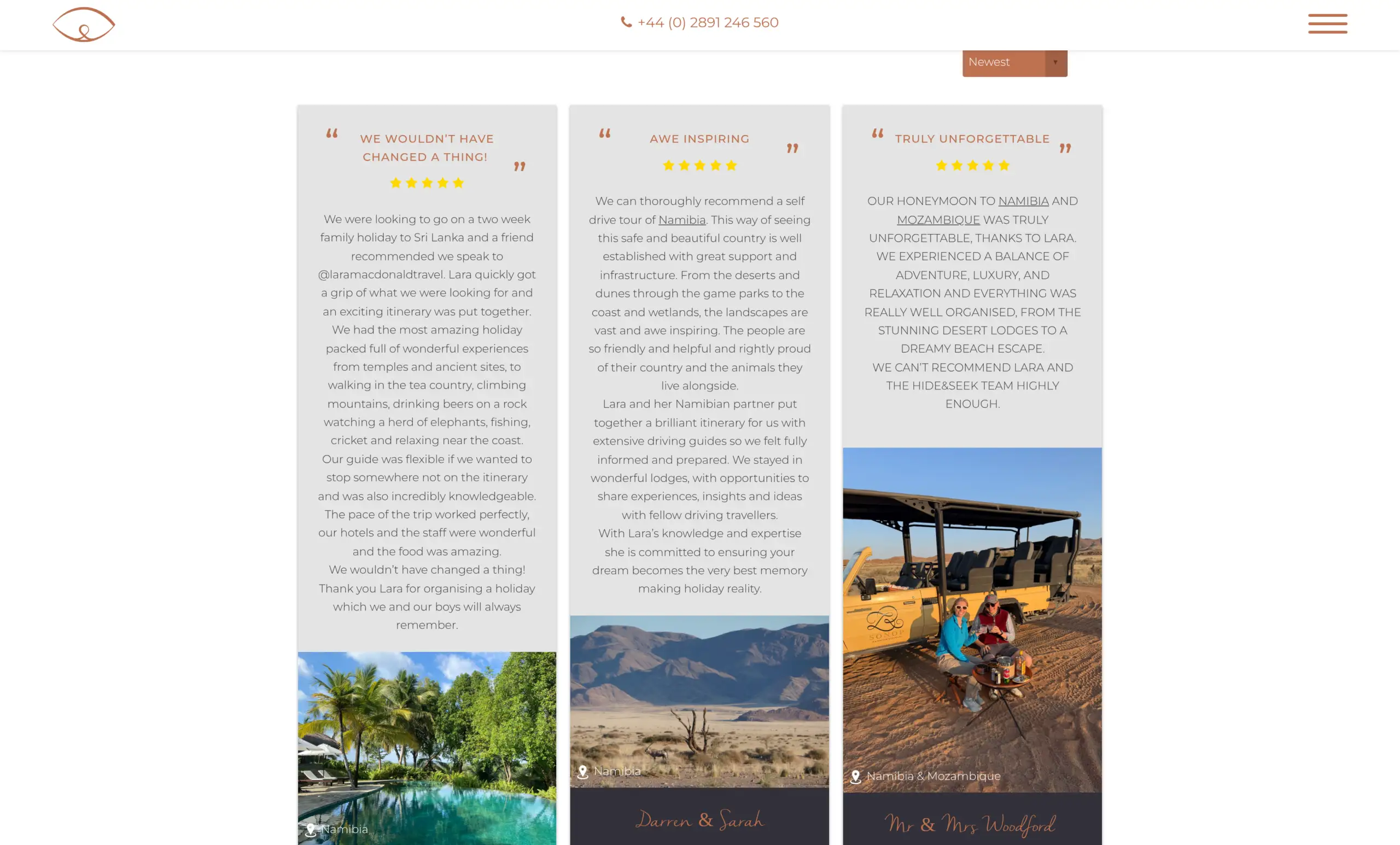 Three five-star Hide & Seek Travel reviews side by side, each above a photograph from the trip