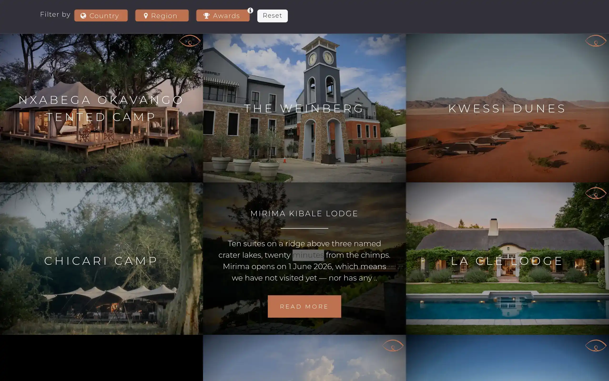The Hide & Seek Travel properties page: a filtered grid of safari lodges, each card a photograph with the lodge name