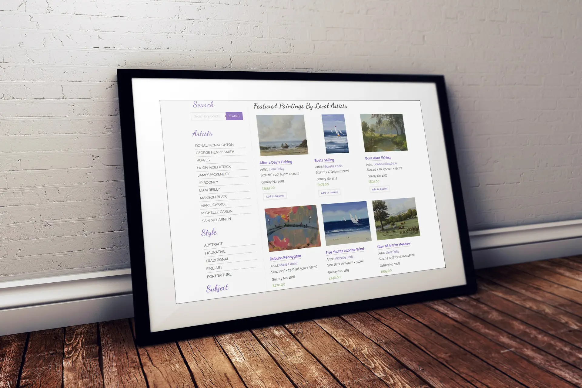 The Ireland Art gallery page shown inside a picture frame leaning against a brick wall