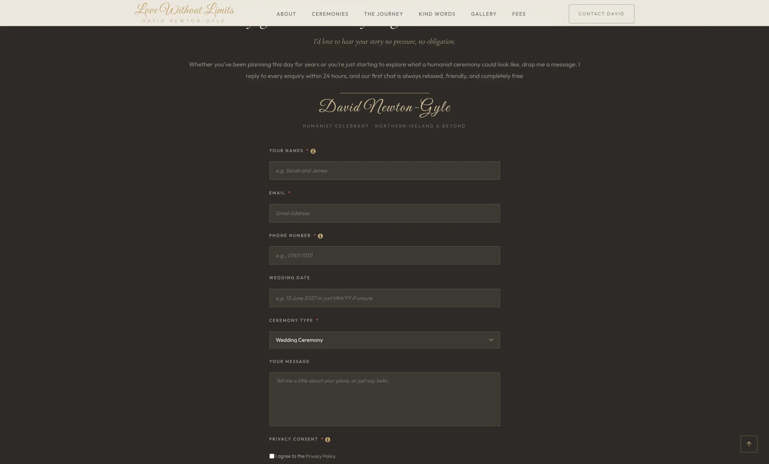 The Love Without Limits enquiry form, a long single-column form on a dark ground