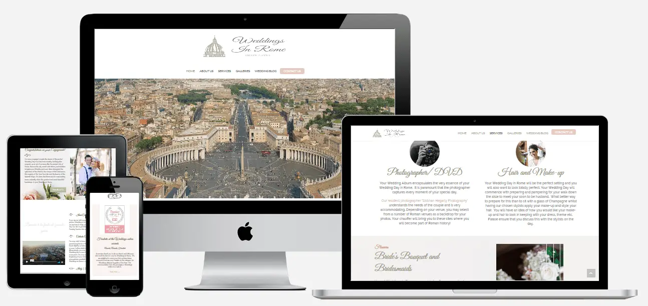 Weddings in Rome shown on a desktop, laptop, tablet and phone