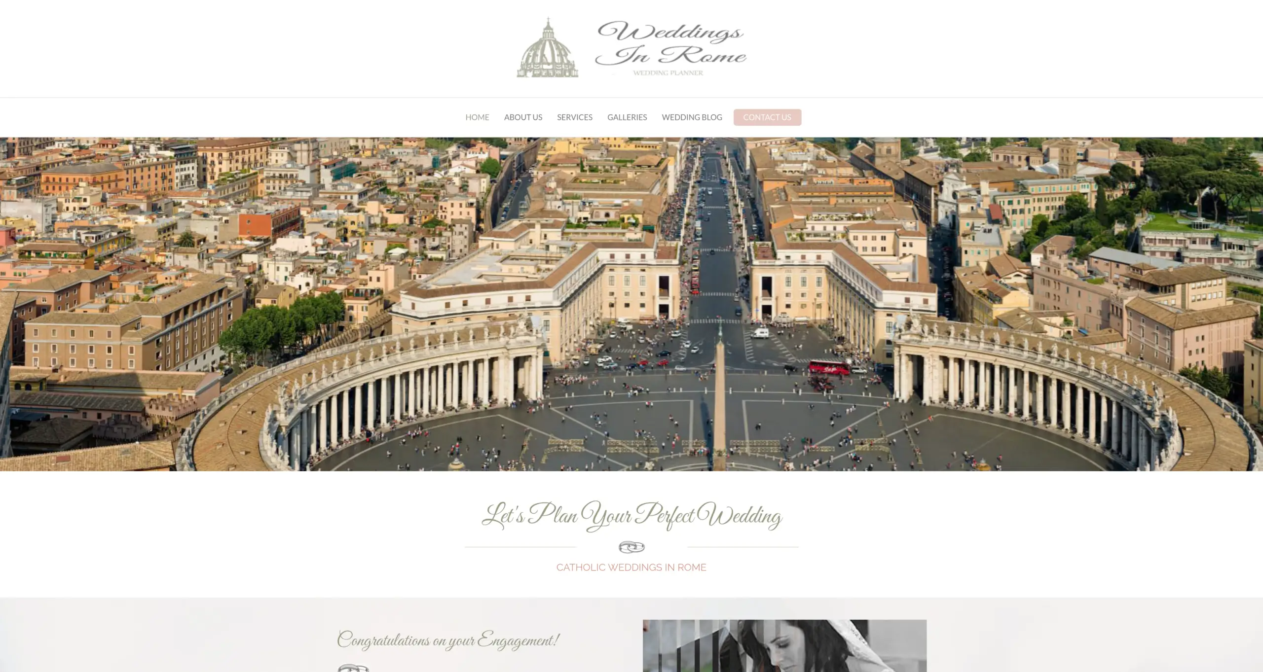 The Weddings in Rome homepage: an aerial view of St Peter’s Square behind the script logo